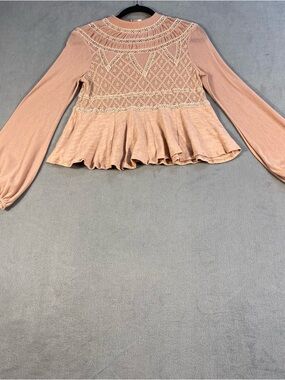 Free People women’s Lace Yoke Crochet Peplum Long mesh Sleeve Top-blush pink, XS
